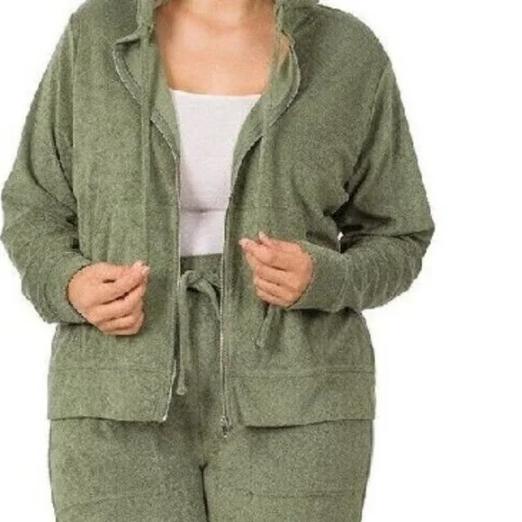 Zenana Plus Size Set Sweatpants Hoodie Full Zip Jacket Loop Terry Olive 1X - Picture 2 of 4